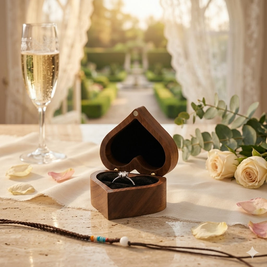 Personalized Walnut Heart Ring Box – Custom Proposal & Wedding Ring Bearer Box