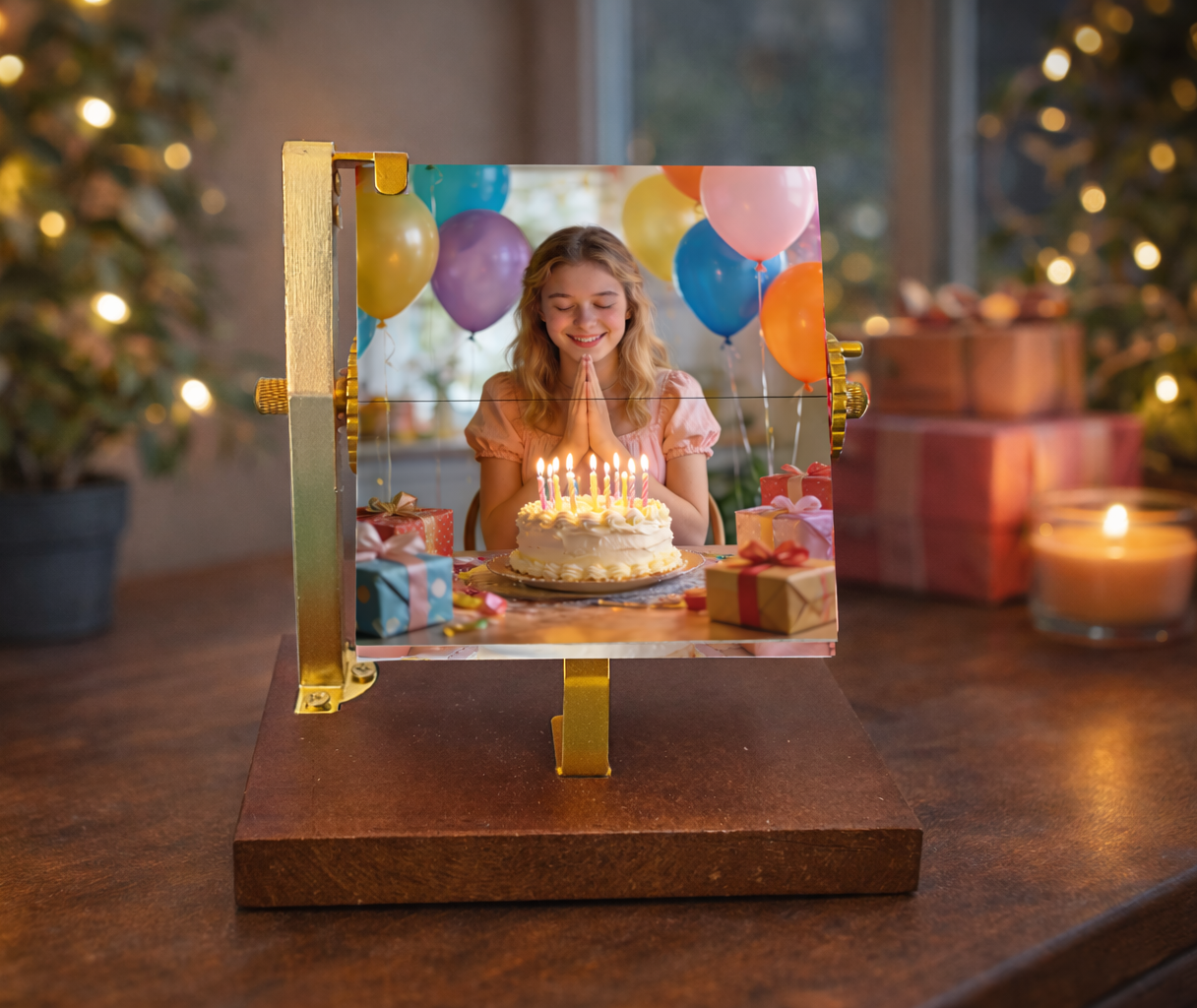 Unique house warming gift and custom birthday decorations: Gold rotating metal photo frame designed as an elegant desktop photo album. Universal personalized gift for him or her.