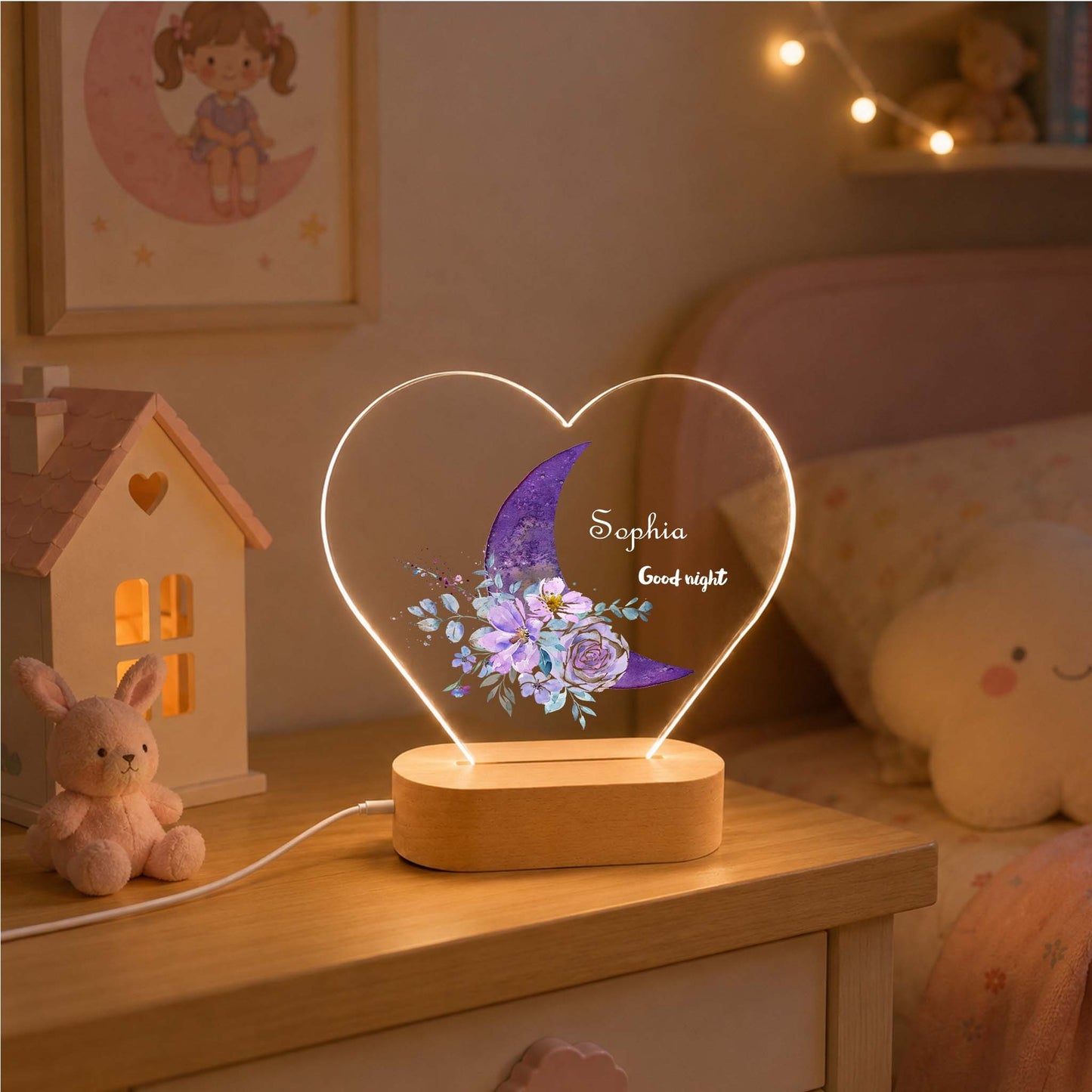Personalized Heart Baby Night Light | Custom Newborn Name Sign & Nursery LED Lamp