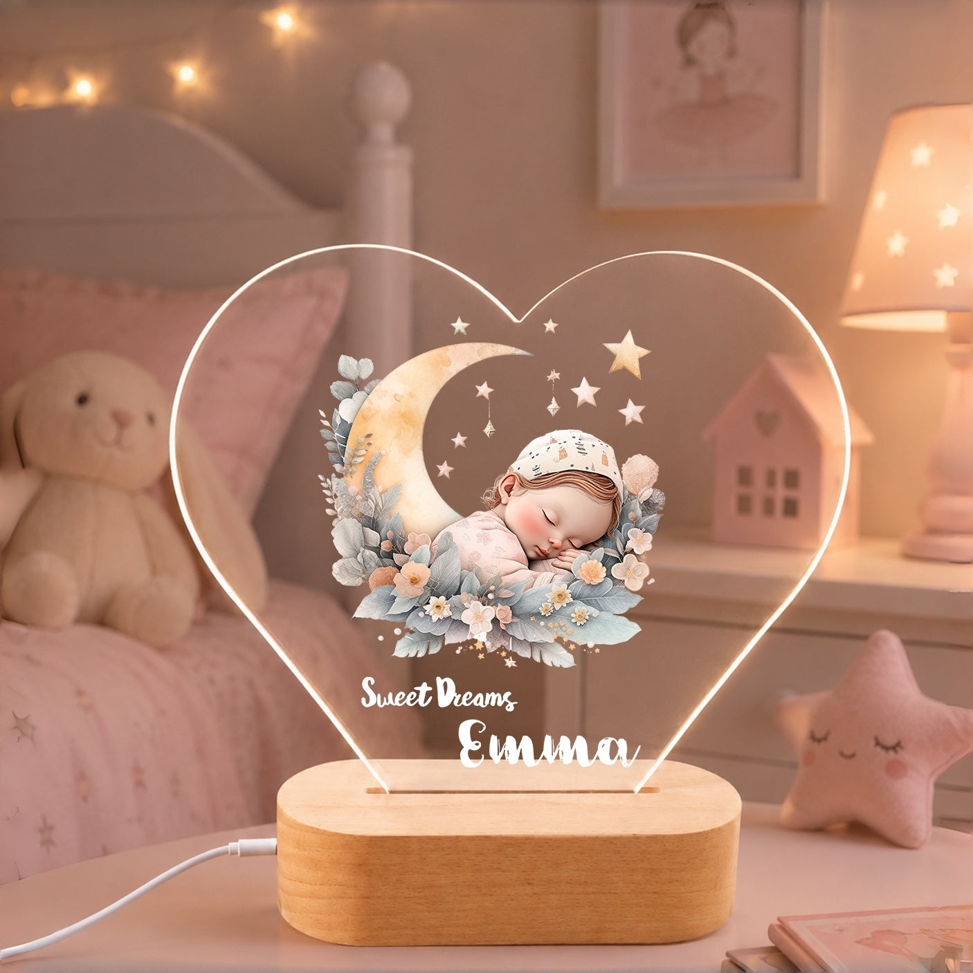 Personalized Heart Baby Night Light | Custom Newborn Name Sign & Nursery LED Lamp