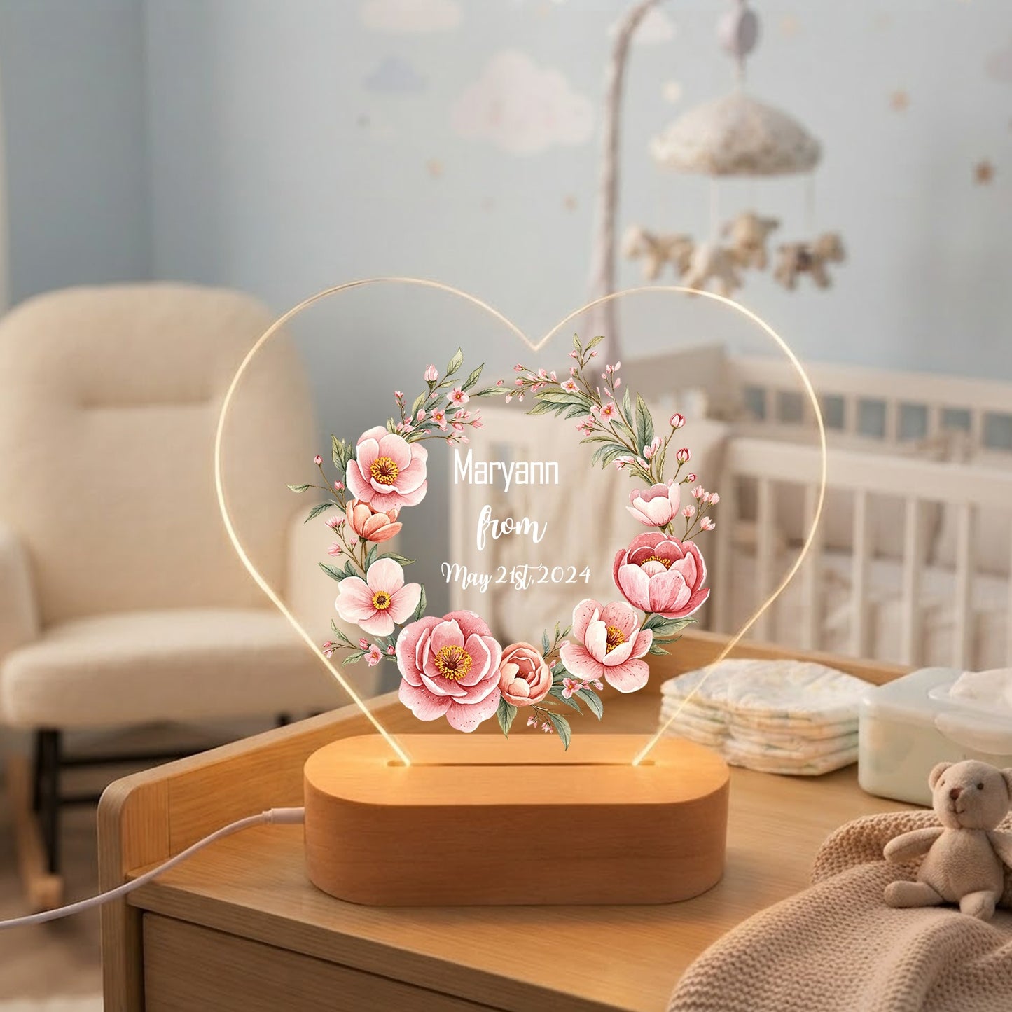 Personalized Heart Baby Night Light | Custom Newborn Name Sign & Nursery LED Lamp