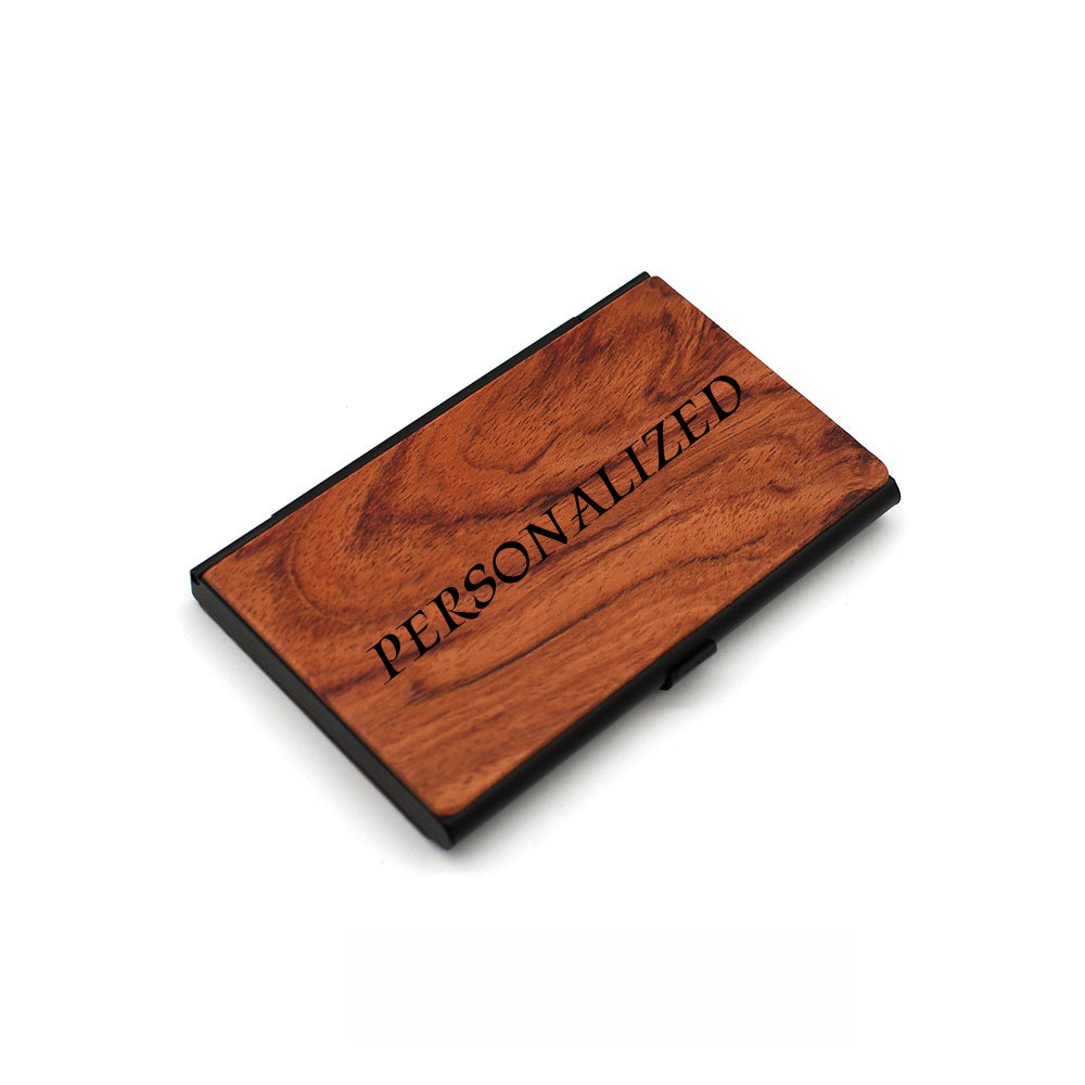 Personalized Premium Wood & Metal Business Card Holder | Custom Engraved Floral Initial