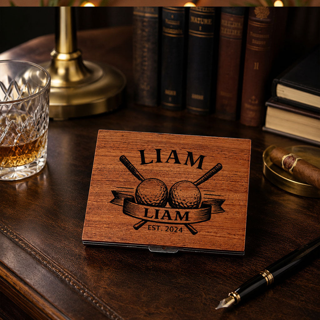 Custom Golf Wooden Cigarette Case & Holder | Personalized Laser-Engraved Gift for Him