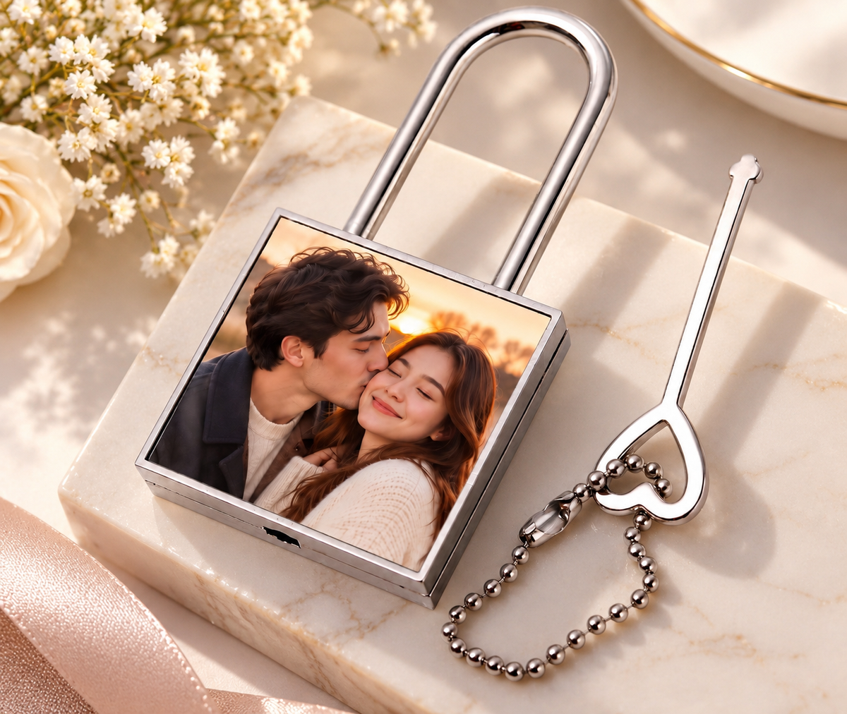 Custom Photo "Lock Your Heart" Keychain - Personalized Lock & Key Couple Gift