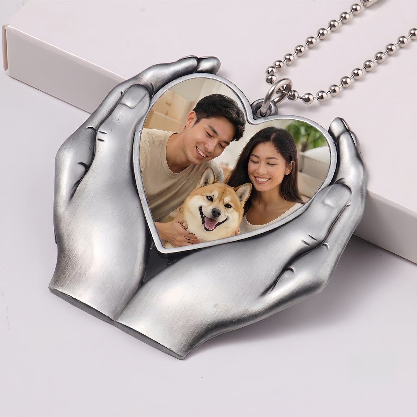 Personalized Hand-Holding Heart Photo Car Charm | Custom Keepsake Ornament for Family & Pets
