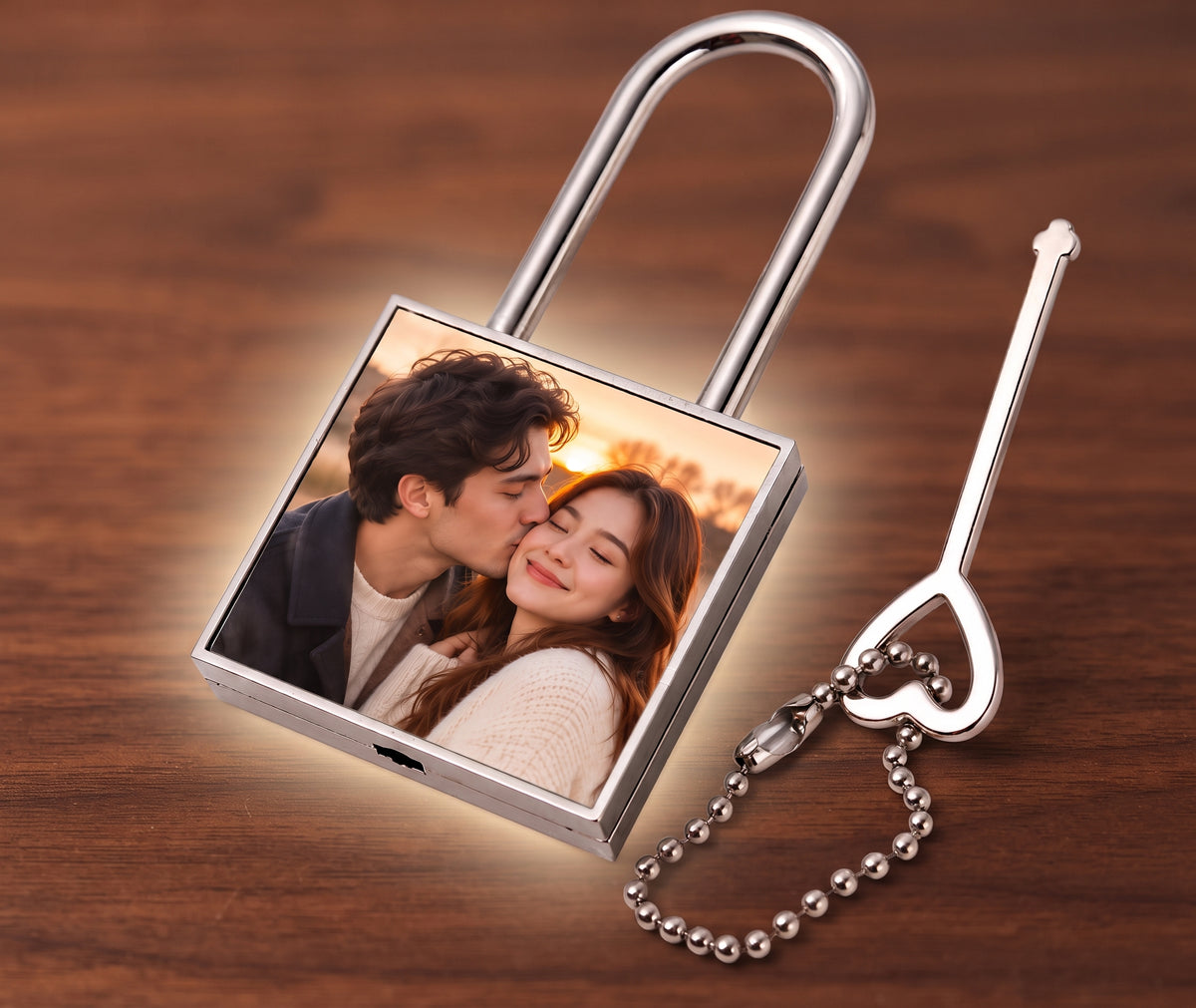 Custom Photo "Lock Your Heart" Keychain - Personalized Lock & Key Couple Gift
