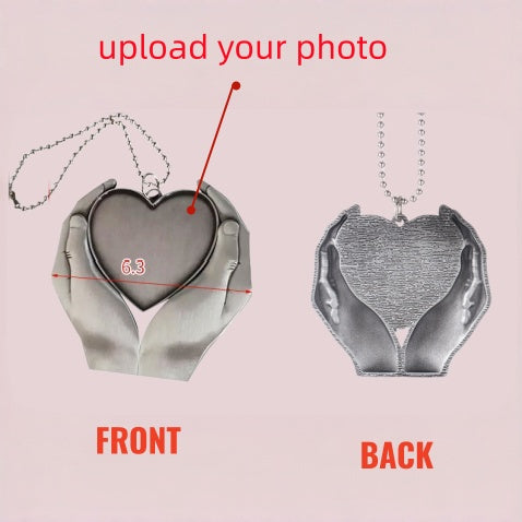 Personalized Hand-Holding Heart Photo Car Charm | Custom Keepsake Ornament for Family & Pets