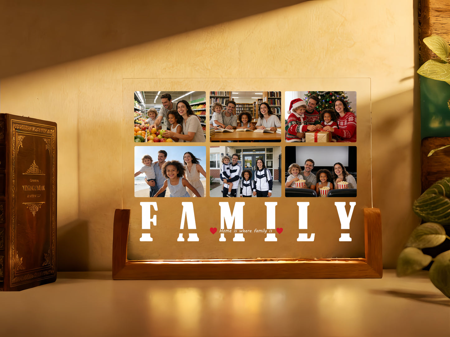 Family photo collage in a frame with 'FAMILY' text on a warm-toned background