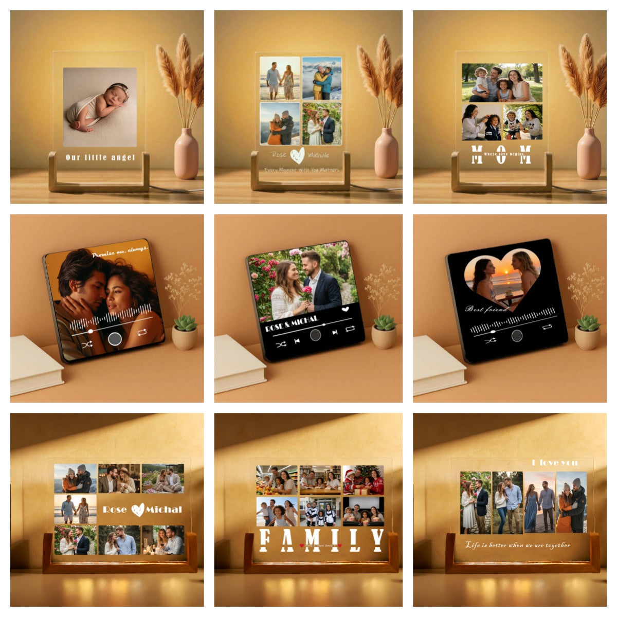 Collage of a digital photo frame displaying various family photos and messages.
