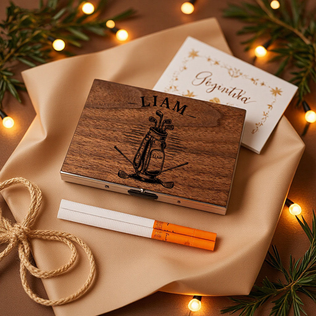 Custom Golf Wooden Cigarette Case & Holder | Personalized Laser-Engraved Gift for Him