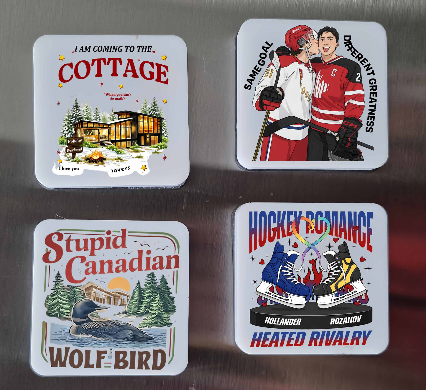 Heated Rivalry Magnet, Stupid Canadian Wolf Bird, Shane and Ilya Hockey Romance, 2X2 Acrylic Fridge Magnets | （Set Of 4 ，5mm thickness）