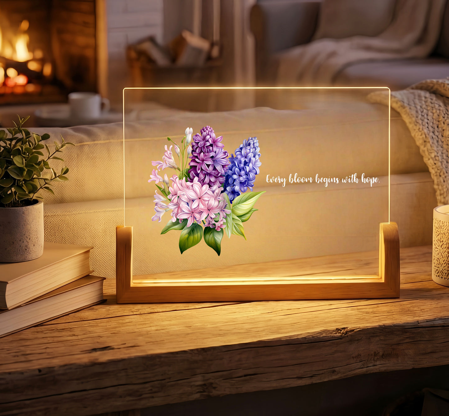 Personalized Floral Acrylic Plaque Night Light with Custom Quote