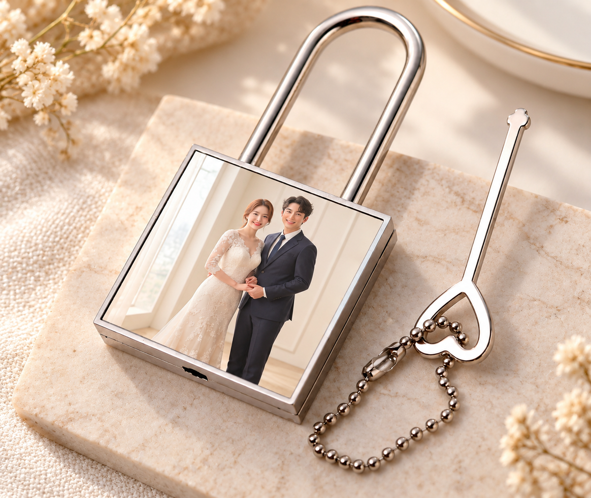 Custom Photo "Lock Your Heart" Keychain - Personalized Lock & Key Couple Gift