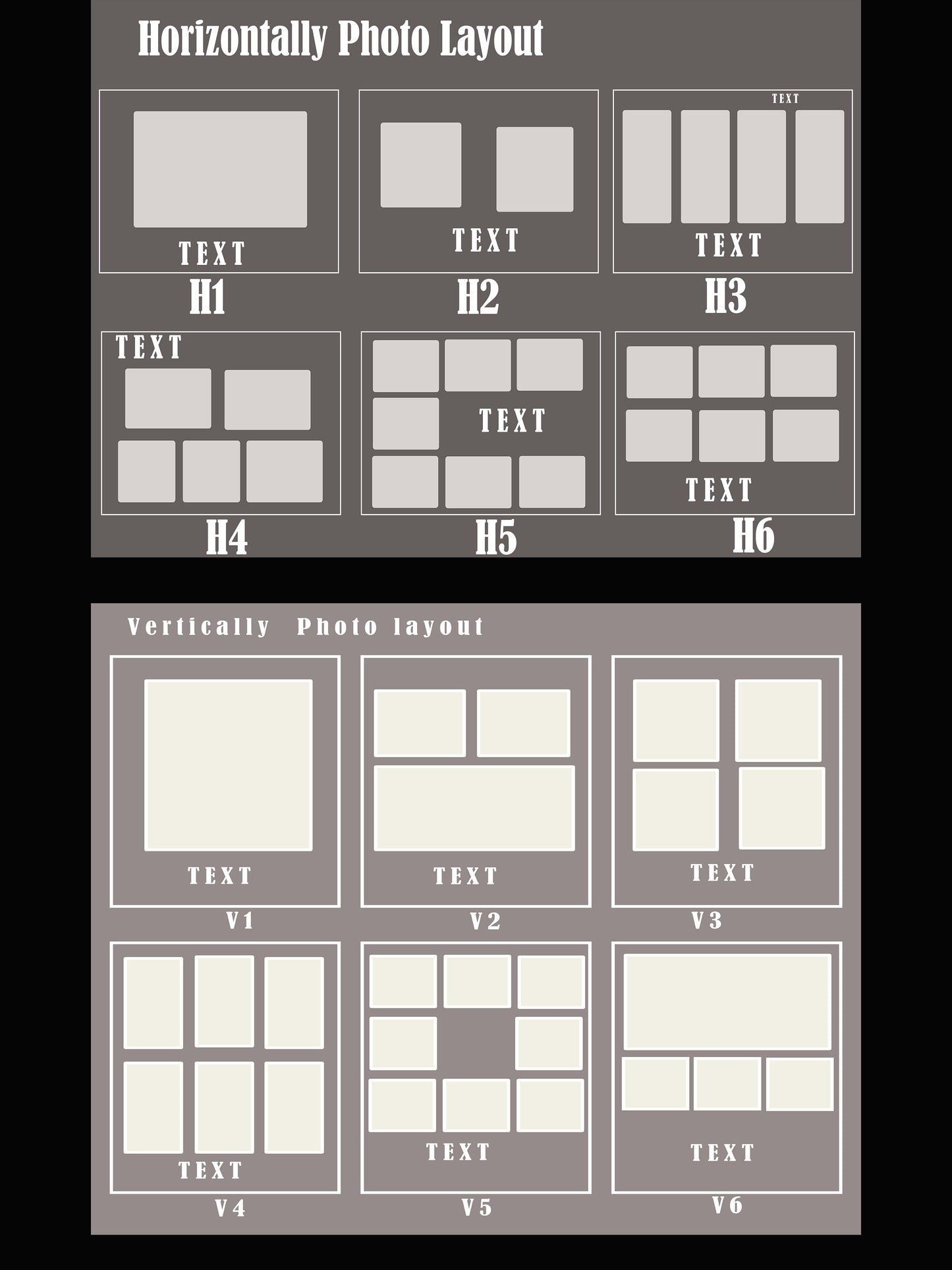 Comparison of horizontally and vertically arranged photo layouts with text and headings.