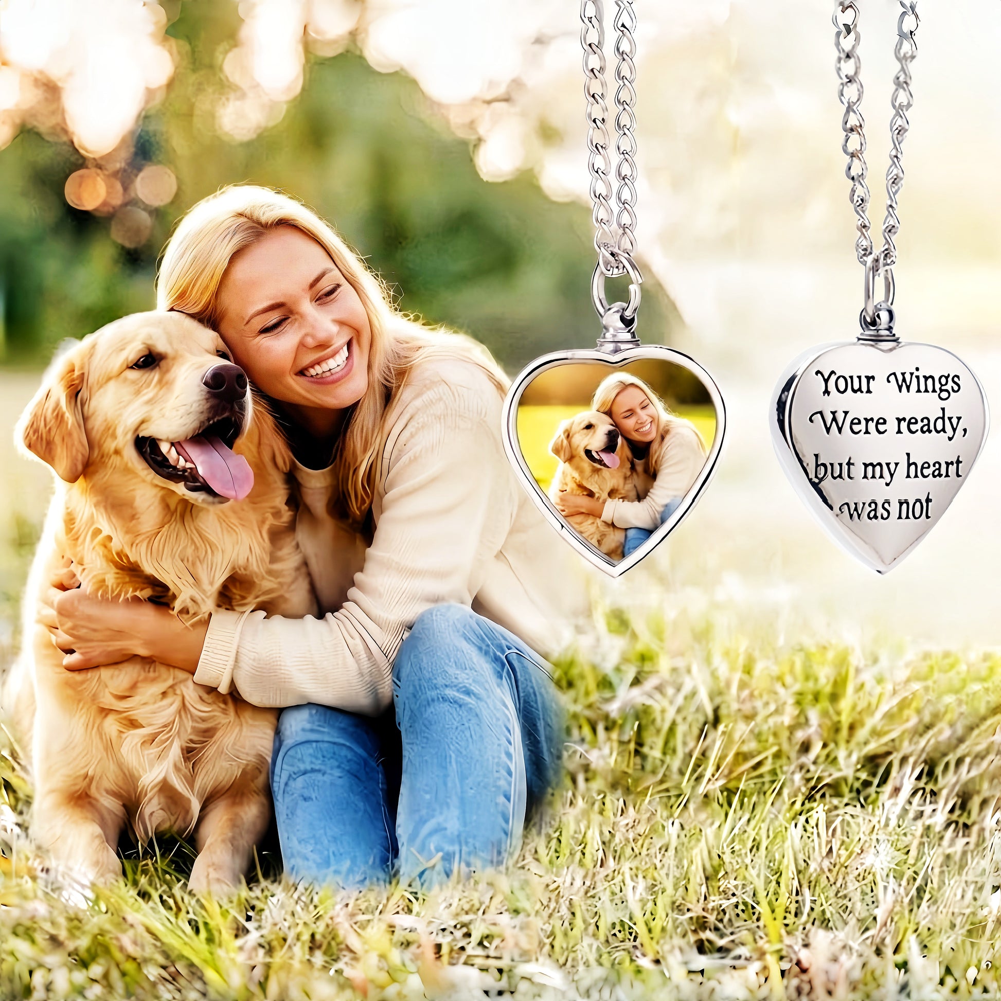 Custom photo pet memorial urn necklace showing a woman and golden retriever. The matching heart pendant displays the engraved sympathy quote Your wings were ready but my heart was not.