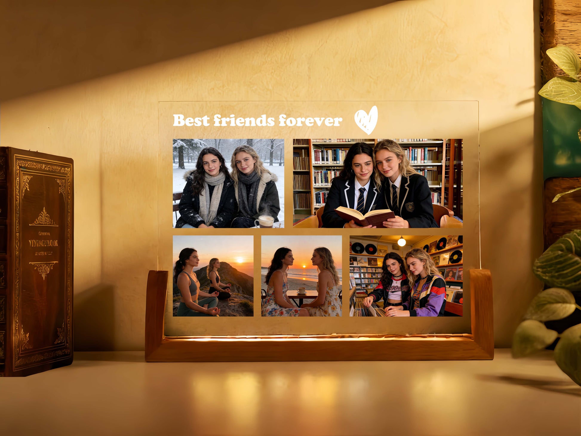 Luminous photo frame displaying a collage of images with 'Best friends forever' text.