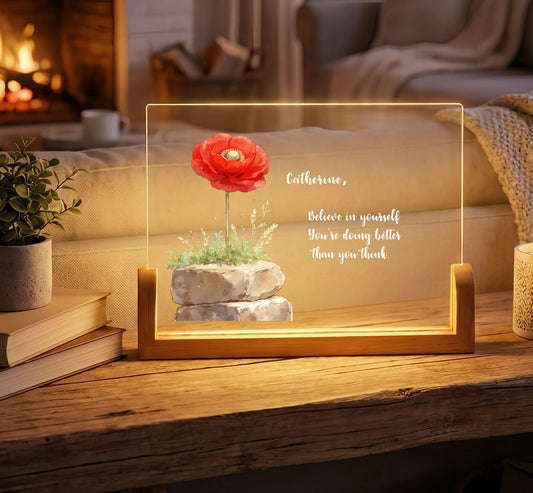 Personalized Floral Acrylic Plaque Night Light with Custom Quote