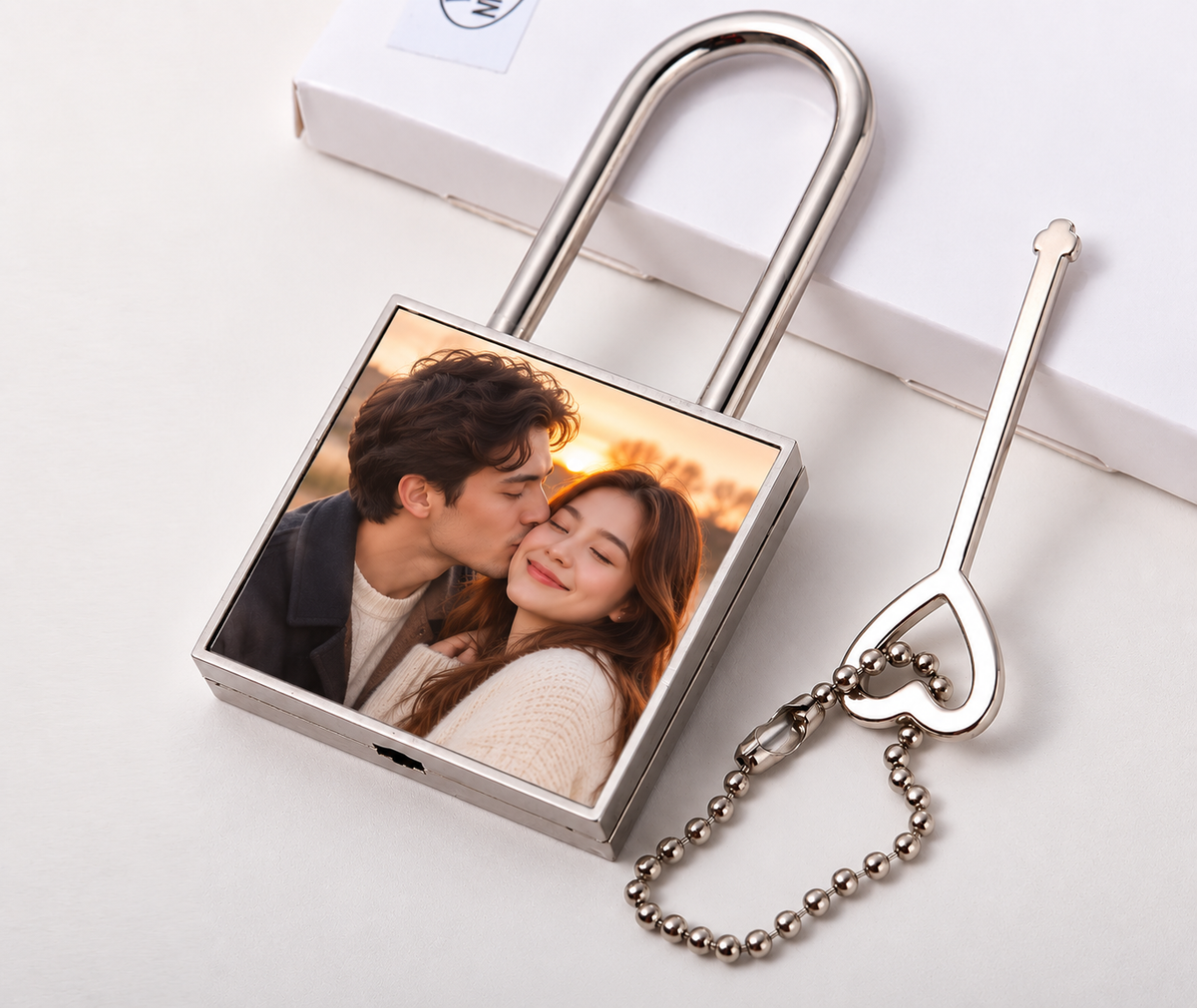Custom Photo "Lock Your Heart" Keychain - Personalized Lock & Key Couple Gift