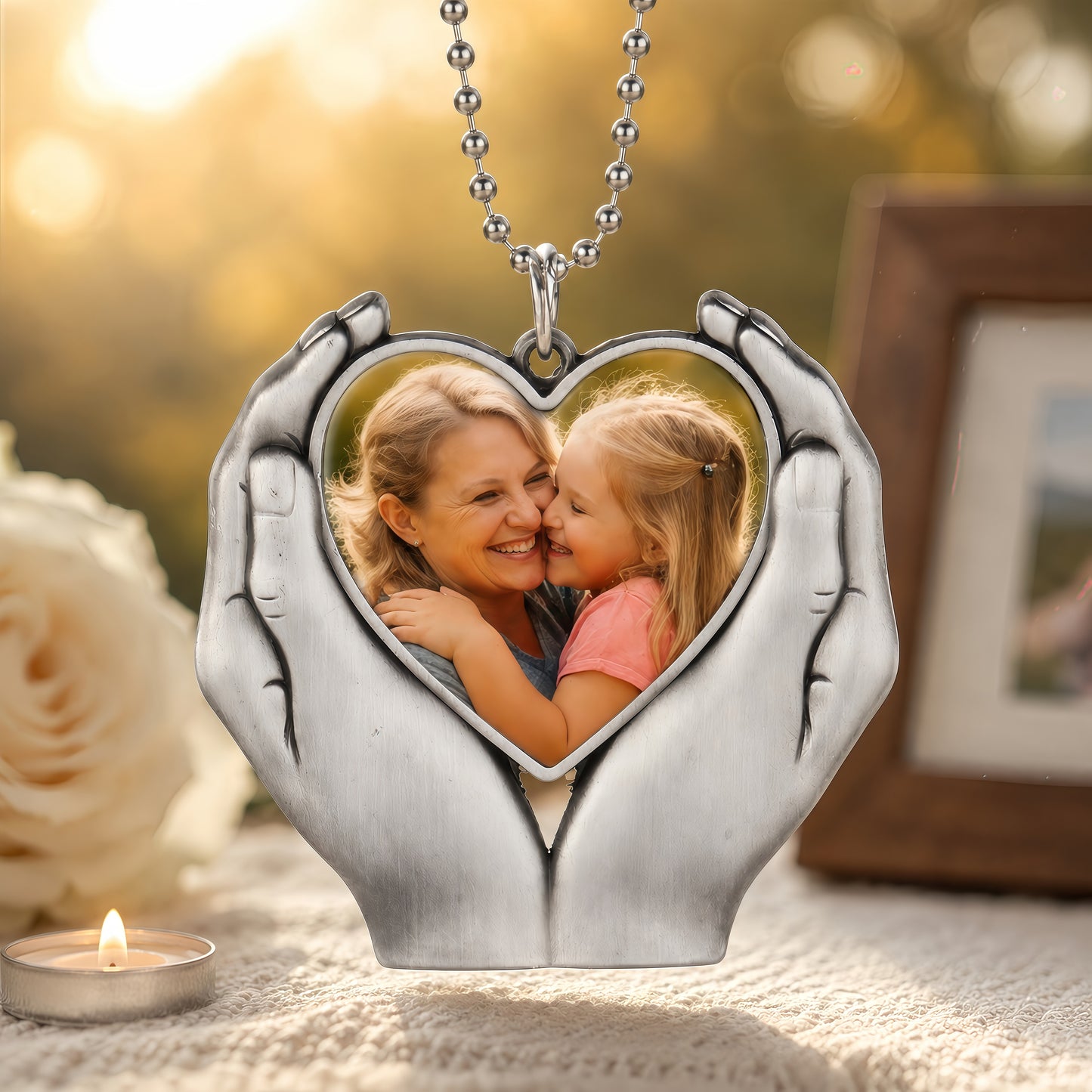 Personalized Hand-Holding Heart Photo Car Charm | Custom Keepsake Ornament for Family & Pets