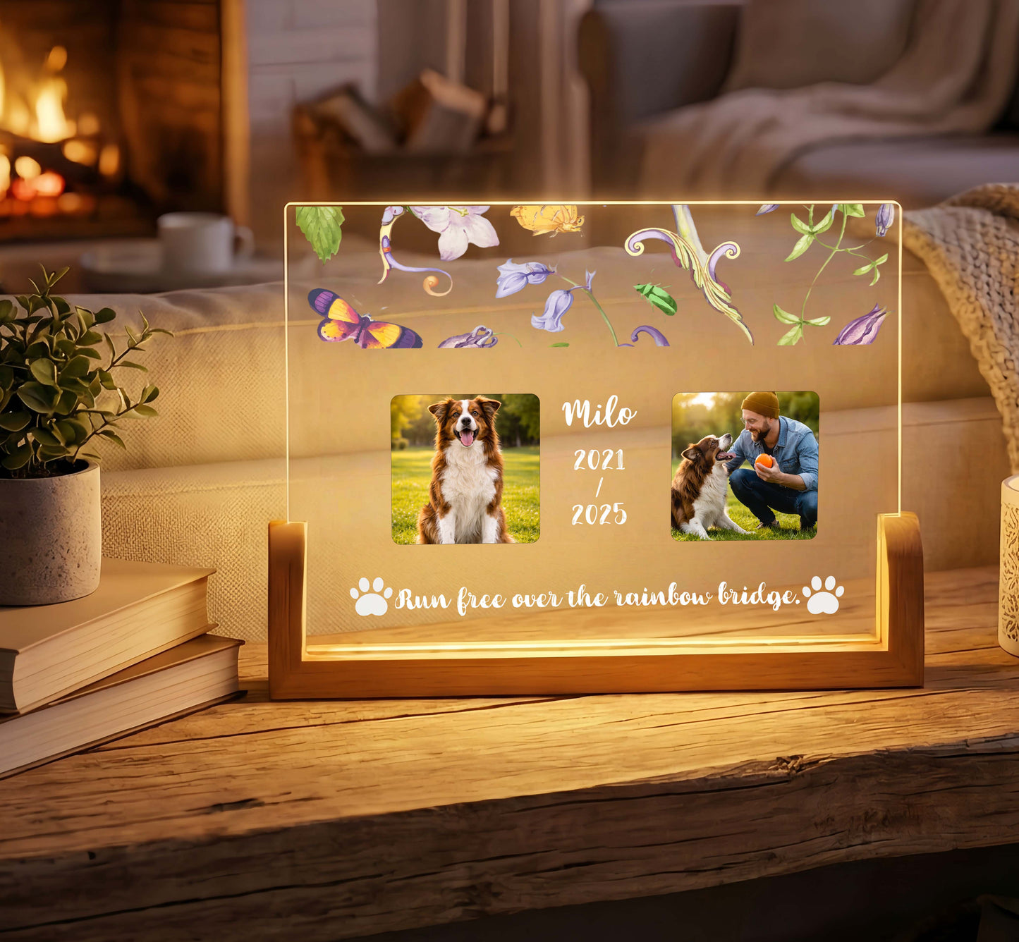 Close-up of the laser-engraved acrylic pet loss gift with LED light