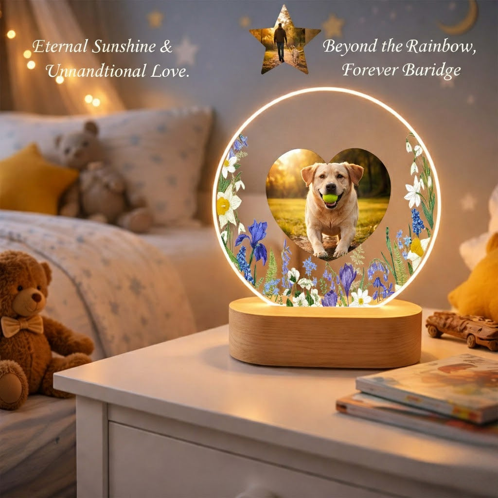 Custom dog loss sympathy night light displaying a pet photo on a bedside table.