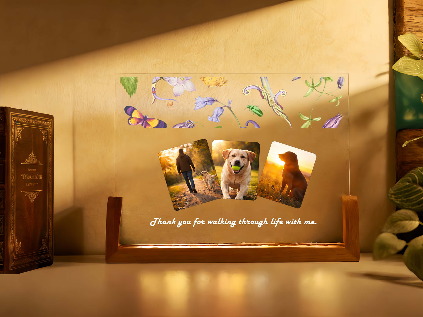 Personalized dog memorial photo lamp glowing warmly on a living room table.