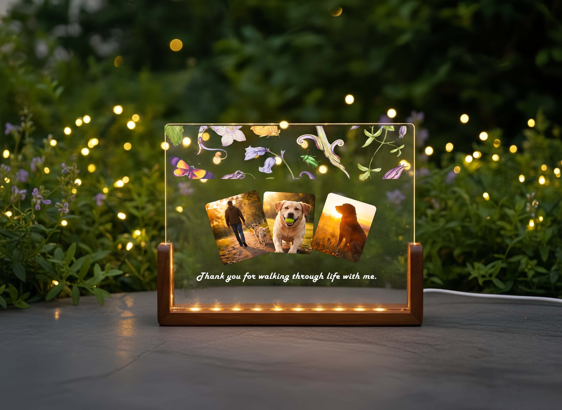 Close-up of the laser-engraved acrylic pet loss gift with LED light
