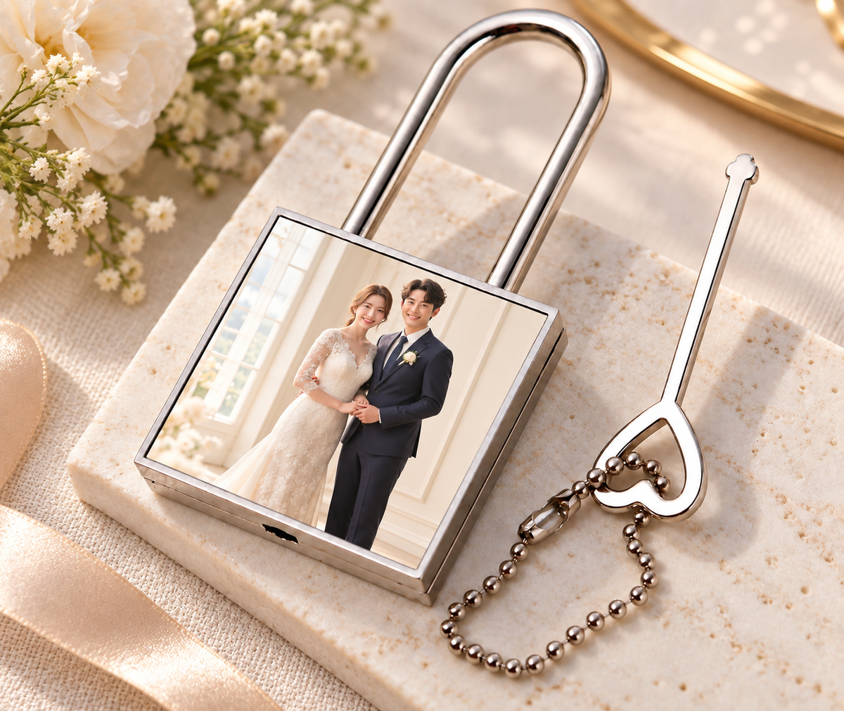 Custom Photo "Lock Your Heart" Keychain - Personalized Lock & Key Couple Gift