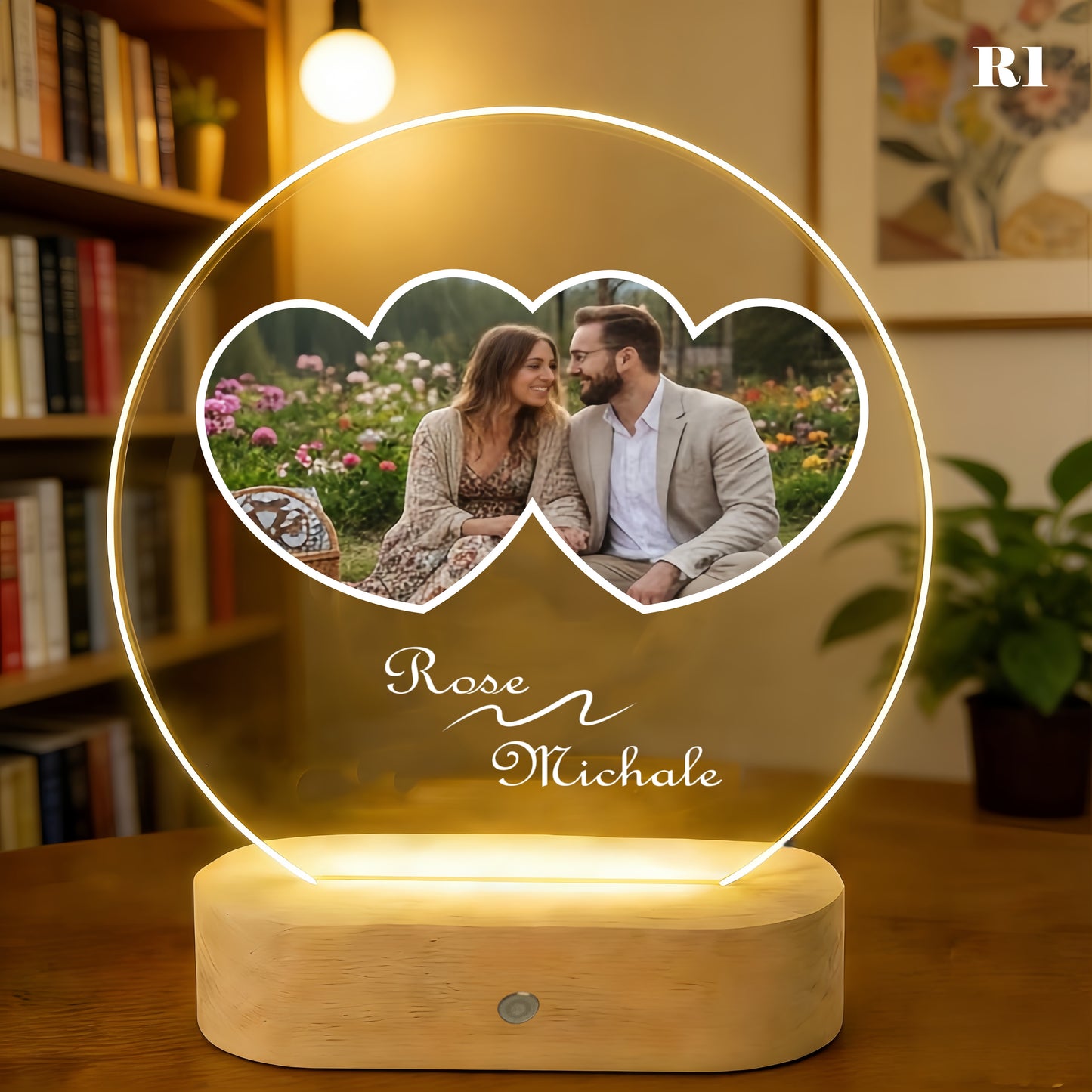 Personalized Photo LED Lamp, Custom Acrylic Night Light, Wood Base