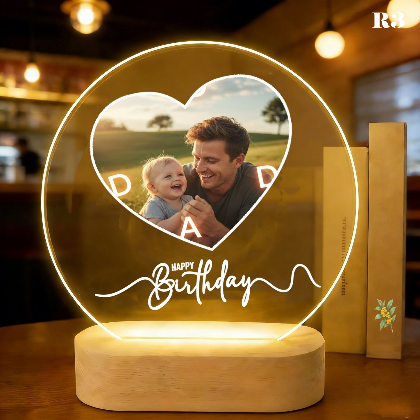 Personalized Photo LED Lamp, Custom Acrylic Night Light, Wood Base