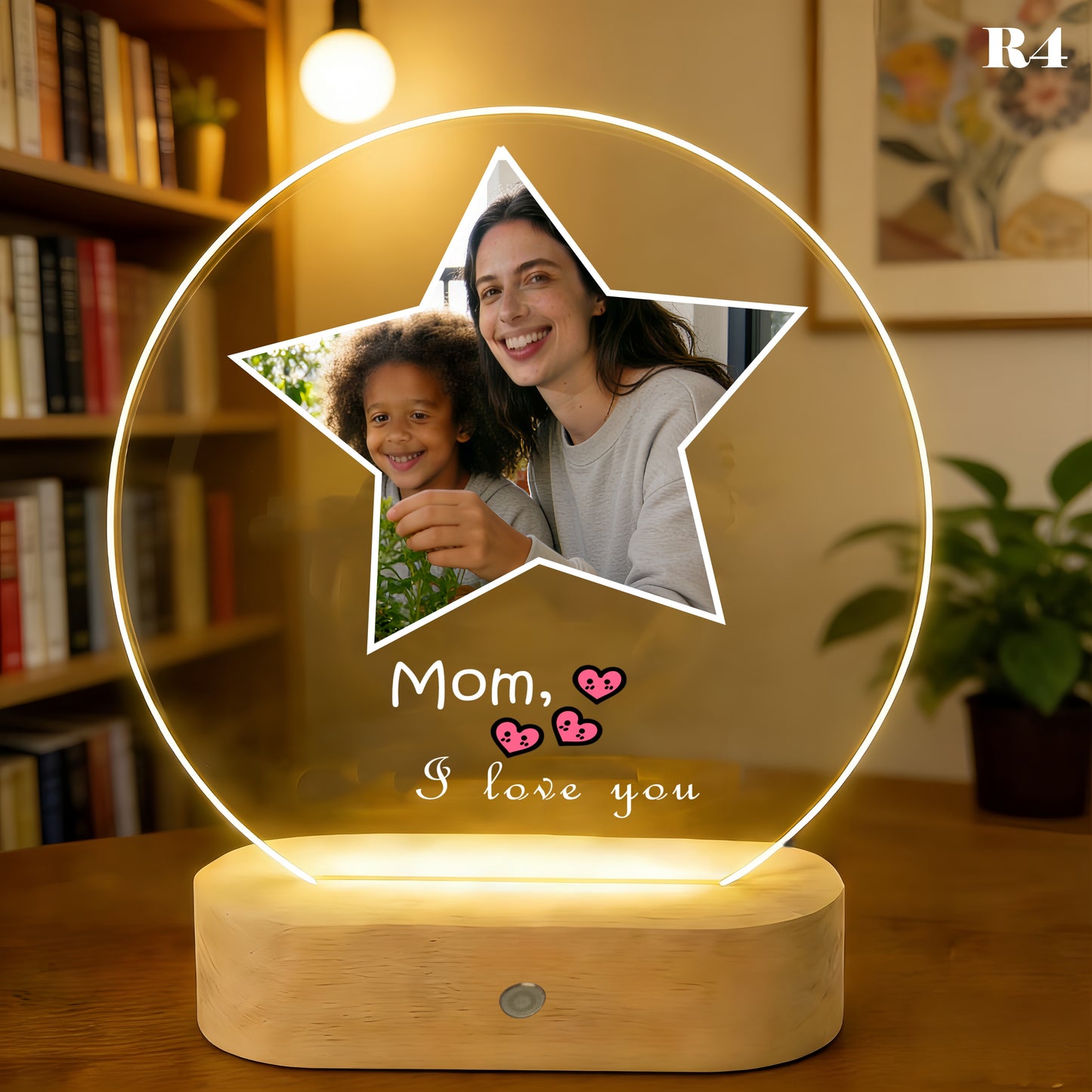 Personalized Photo LED Lamp, Custom Acrylic Night Light, Wood Base