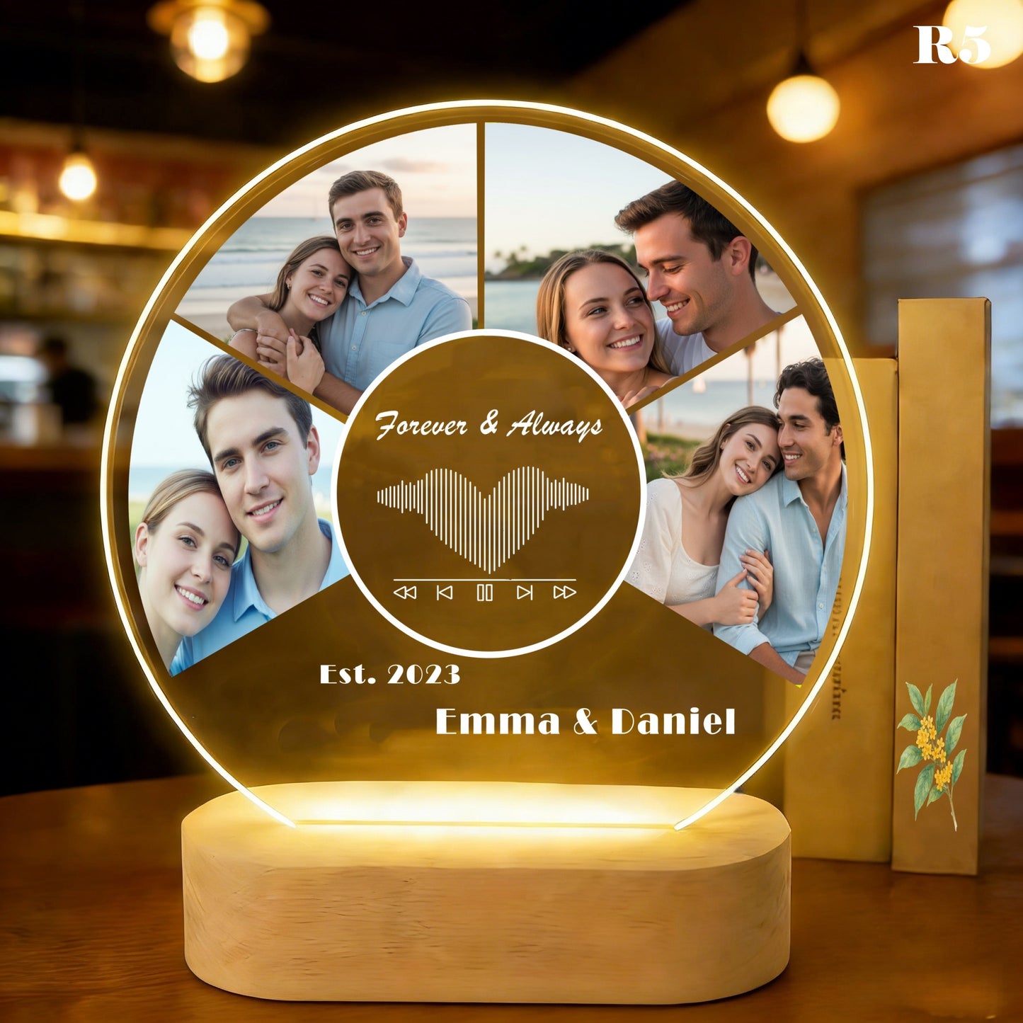 Personalized Photo LED Lamp, Custom Acrylic Night Light, Wood Base
