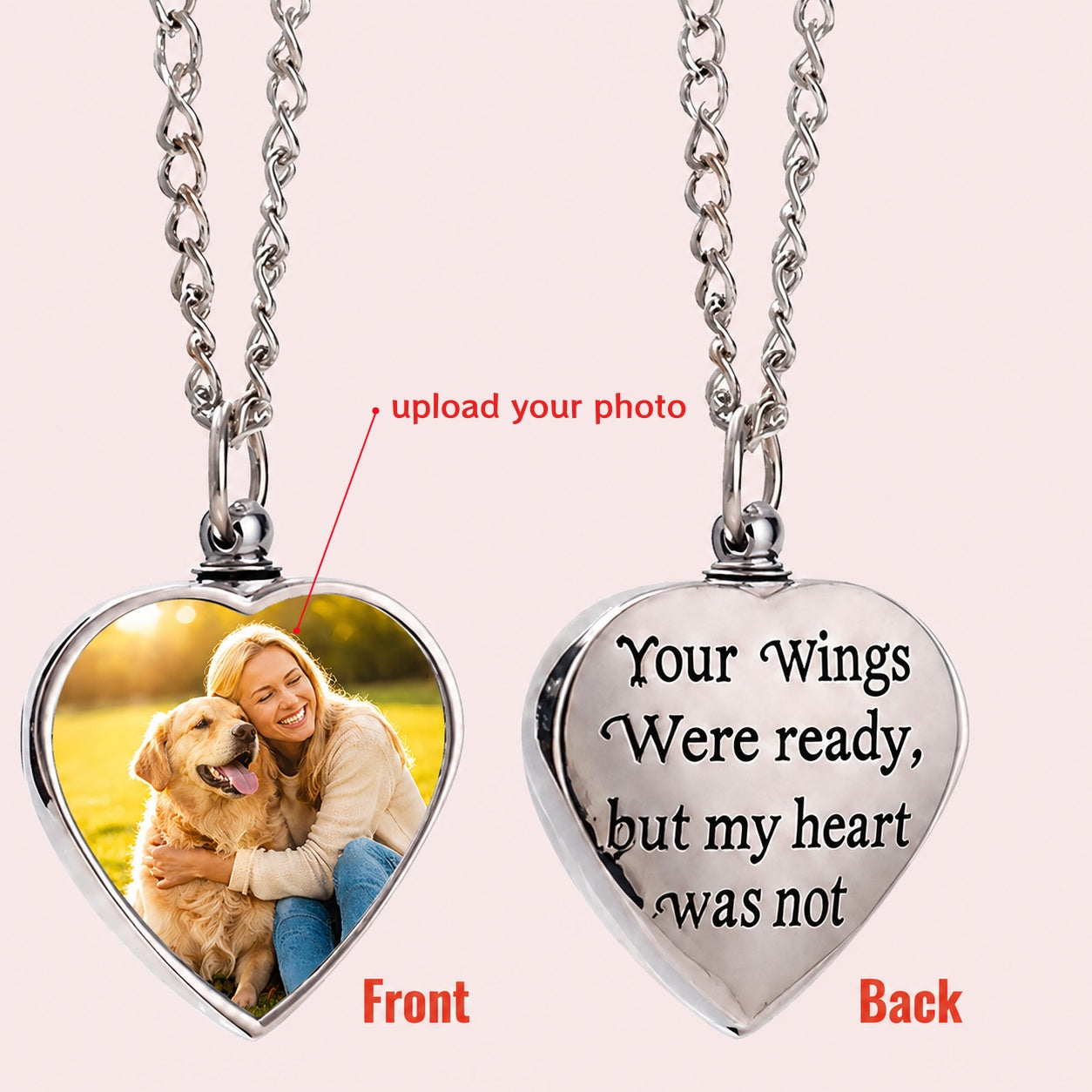 Heart-shaped pendant with photo upload feature and engraved text on a pink background