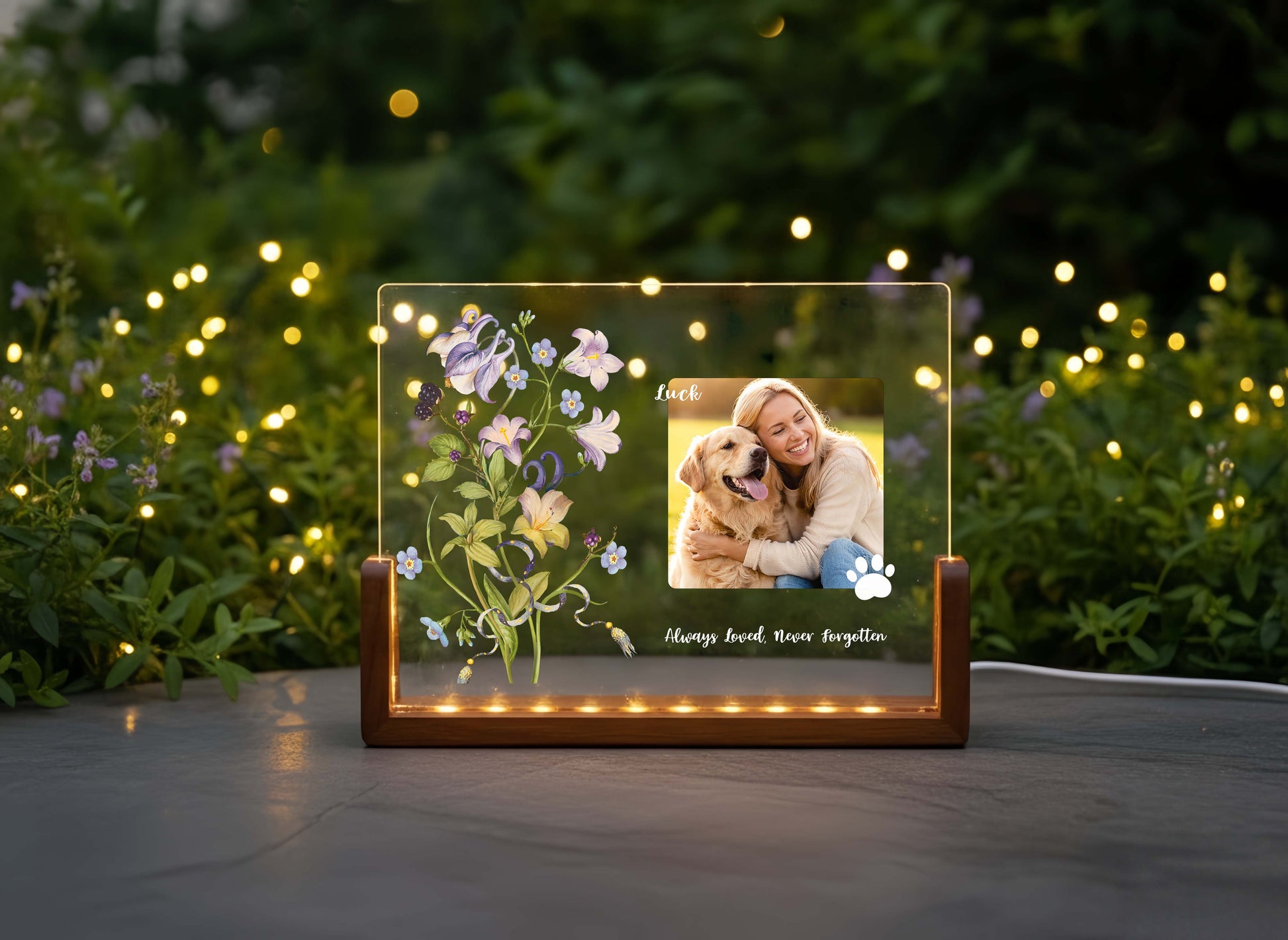 Custom acrylic pet memorial night light featuring a dog photo on a glowing wood base.