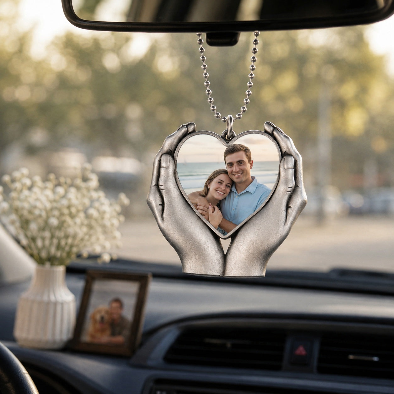 Personalized Hand-Holding Heart Photo Car Charm | Custom Keepsake Ornament for Family & Pets