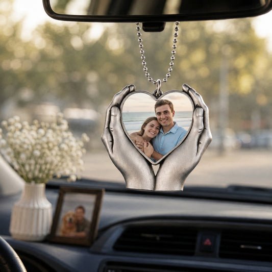 Personalized Hand-Holding Heart Photo Car Charm | Custom Keepsake Ornament for Family & Pets