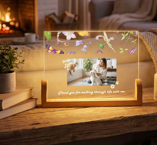 Close-up of the laser-engraved acrylic pet loss gift with LED light