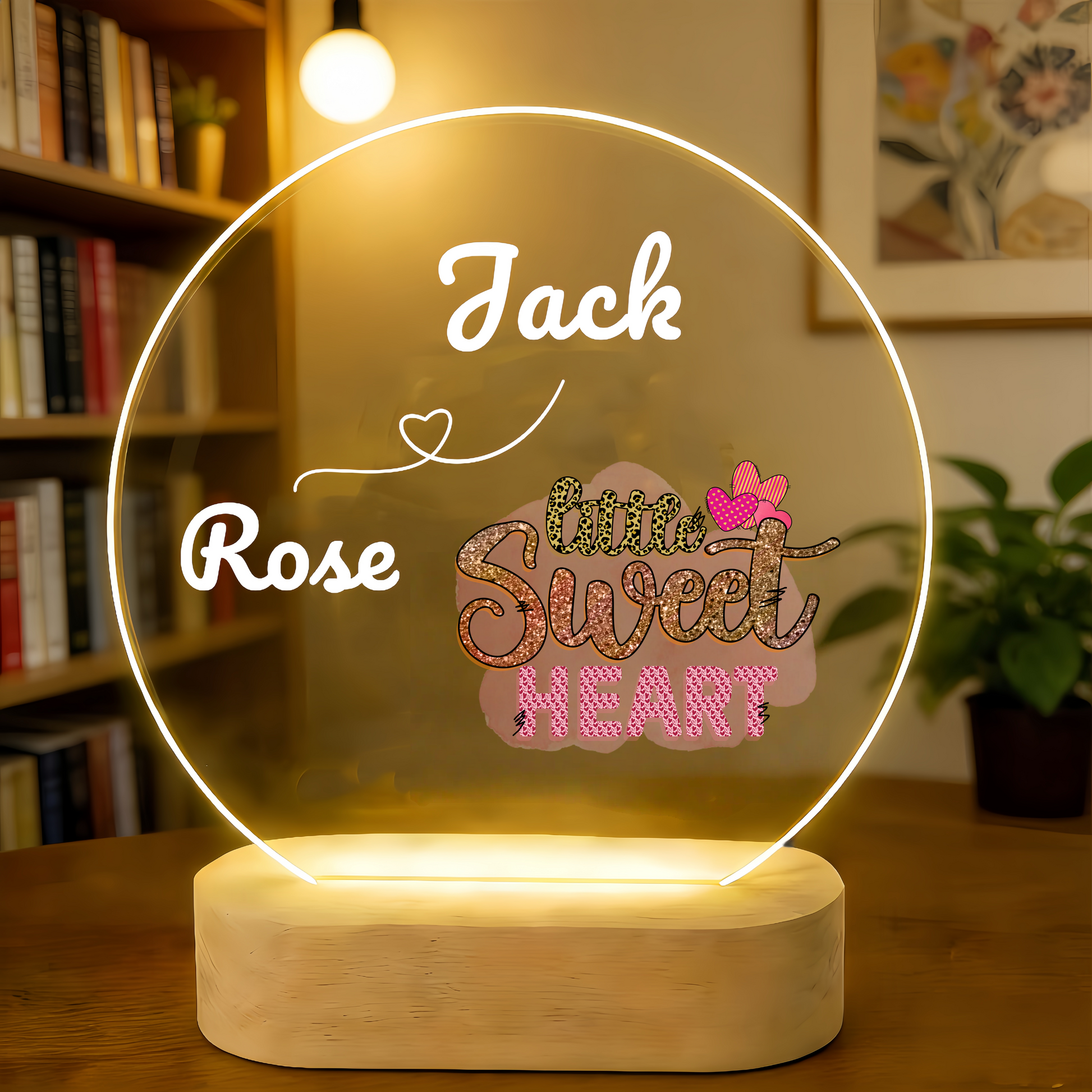 Acrylic table lamp with personalized names and warm LED light

