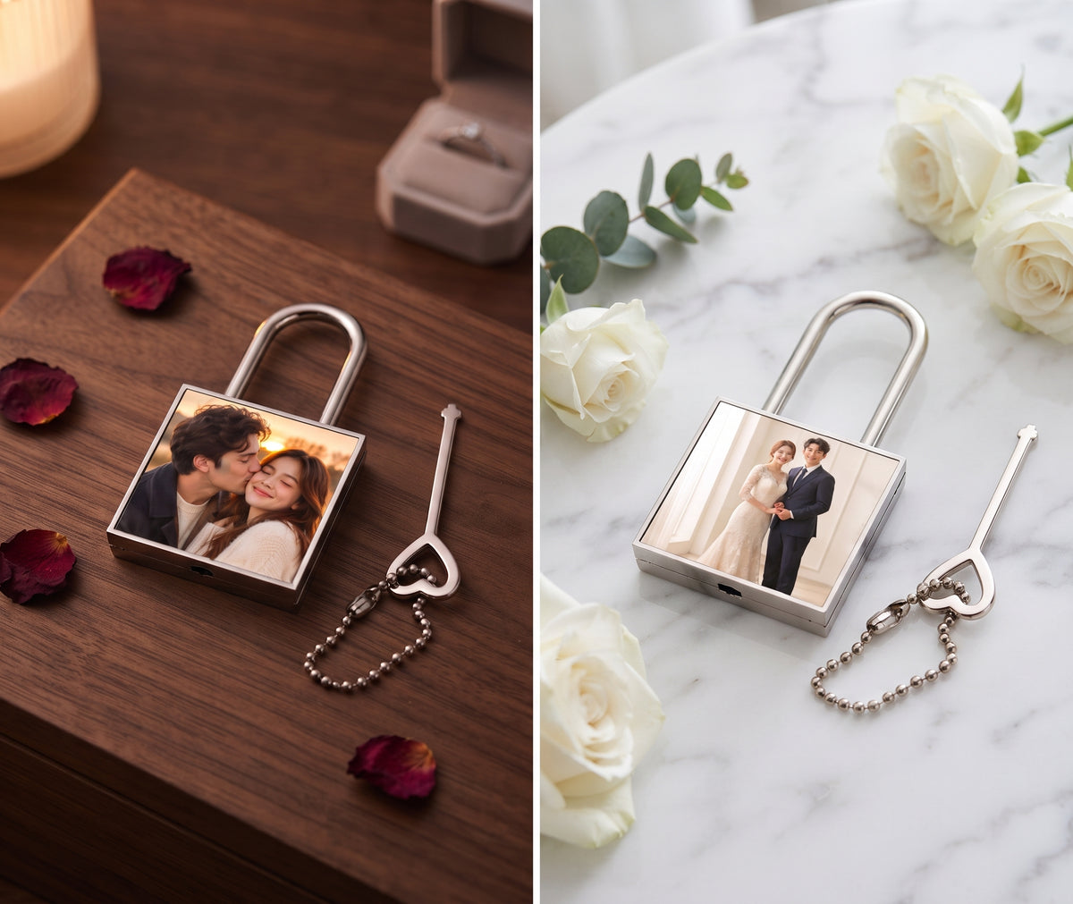 Custom Photo "Lock Your Heart" Keychain - Personalized Lock & Key Couple Gift