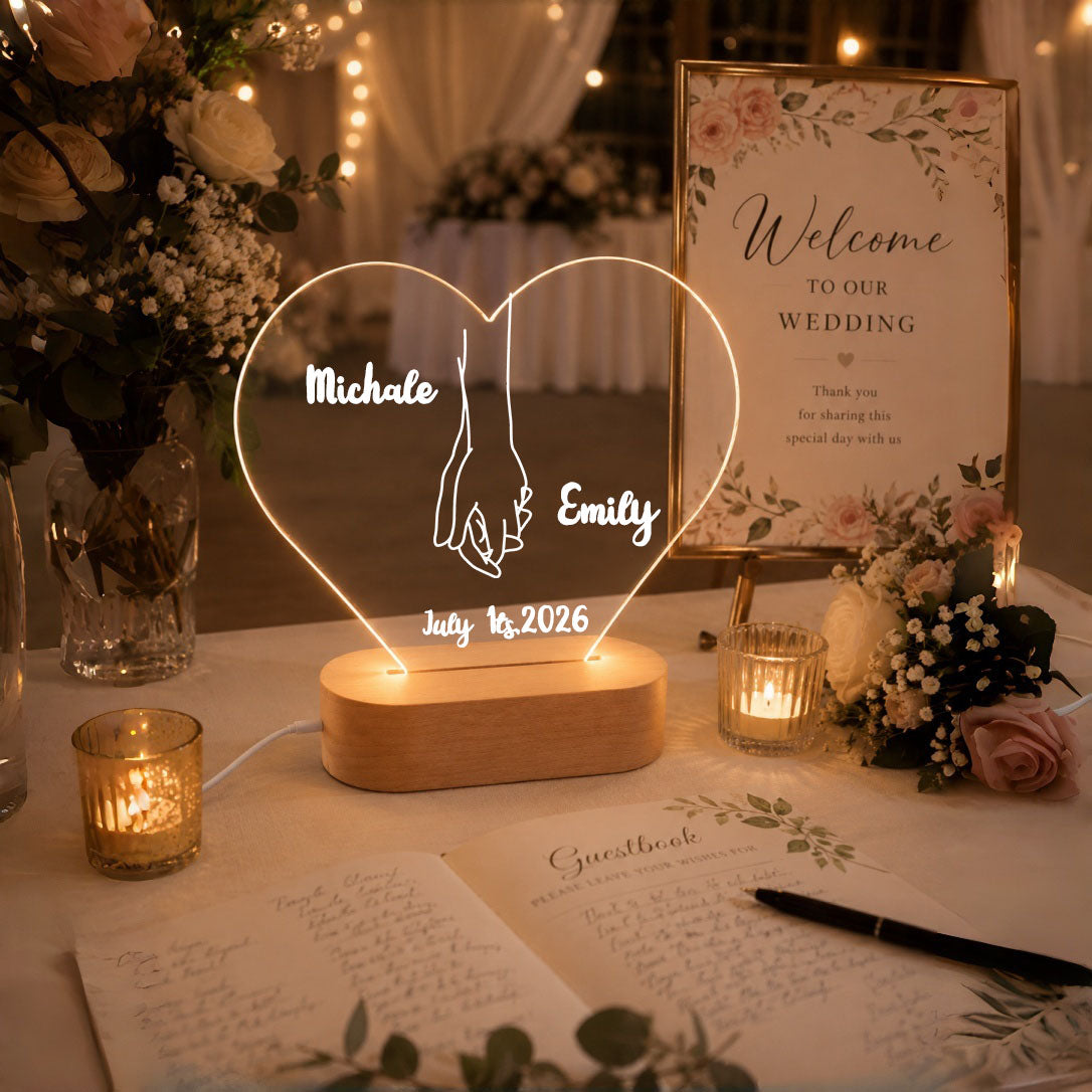 Custom Heart Acrylic LED Night Light | Personalized Wedding Keepsake