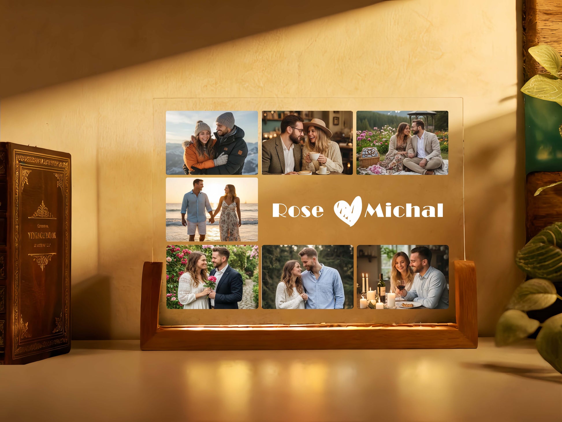 Decorative photo collage frame with couple photos and 'Rose & Michael' text on a warm-toned wall.
