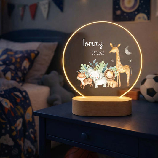 Safari Nursery Decor & Personalized Night Light - Custom Animal Baby Boy Gift, Fairy Lamp, Newborn Gift, Baby Shower Gift