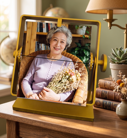 Thoughtful gift mom loves and unique gift for mom: a gold open-frame flipping photo holder. Ideal for 65th birthday gifts to showcase grandmother or mother pictures in a cozy study room.
