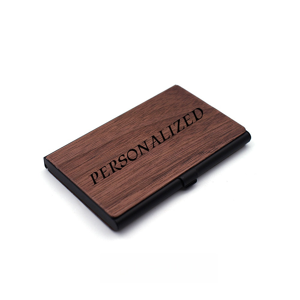Personalized Premium Wood & Metal Business Card Holder | Custom Engraved Floral Initial