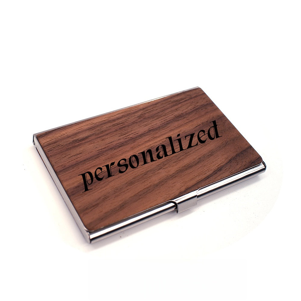 Personalized Premium Wood & Metal Business Card Holder | Custom Engraved Floral Initial