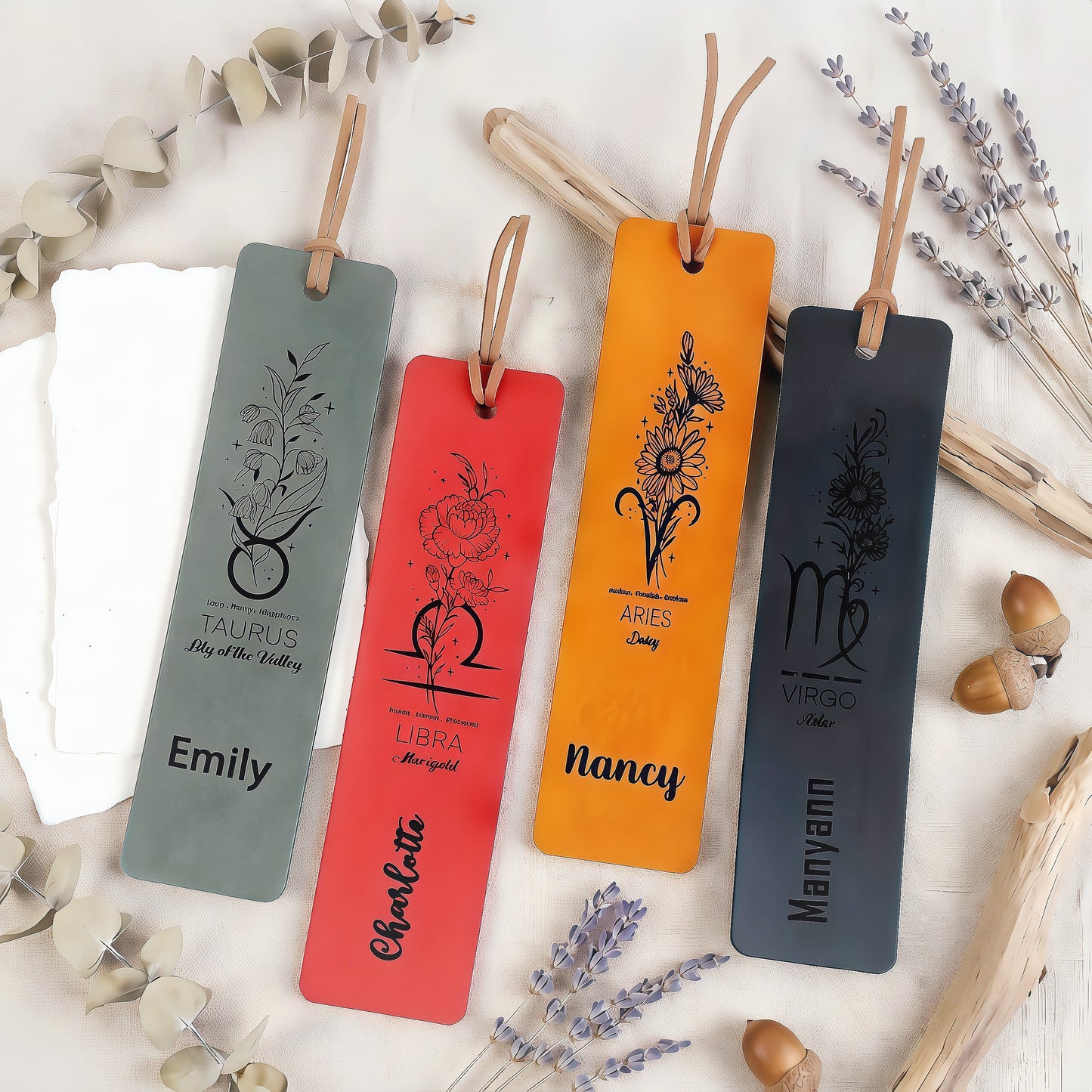 Personalized Zodiac & Birth Flower Leather Bookmarks (Set of 4)