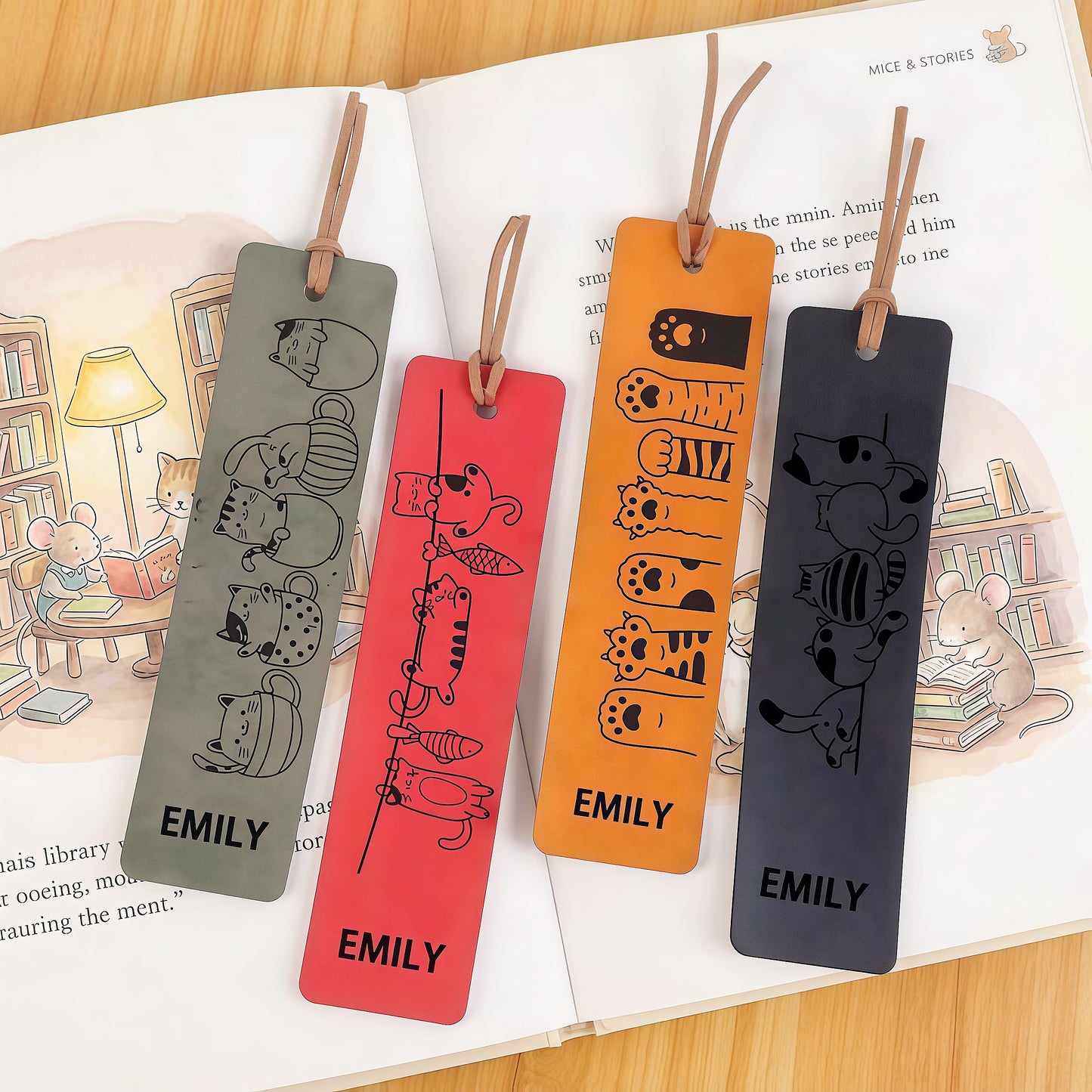 Personalized Leather Cat Bookmark | Custom Engraved Reader Gift| SET OF 4