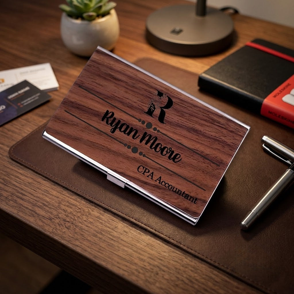 Personalized Premium Wood & Metal Business Card Holder | Custom Engraved Floral Initial