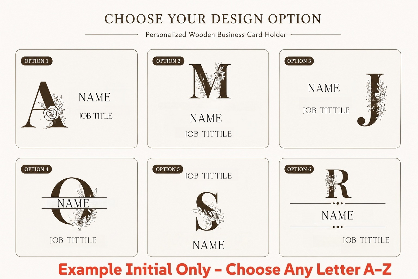 Personalized Premium Wood & Metal Business Card Holder | Custom Engraved Floral Initial