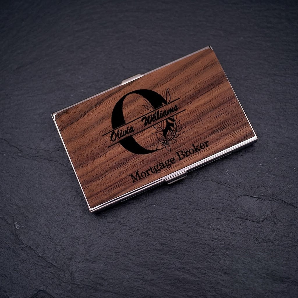 Personalized Premium Wood & Metal Business Card Holder | Custom Engraved Floral Initial